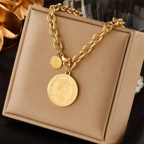 Stainless Steel Gold Color Hip Hop  Portrait Coin Necklace-JW01199-Veeddydropshipping