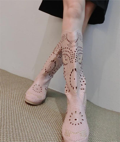 Leather Round Toe Rivet Flat Boots Knee High Spike-BS00980-Veeddydropshipping