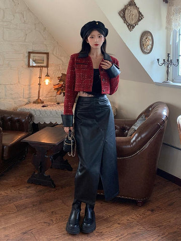Long Luxury Maxi Soft Pu Leather Skirt-WF00438-Veeddydropshipping