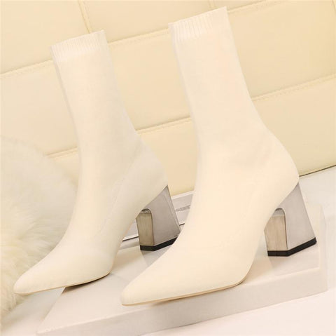 High Heels White Ankle Boots Stripper Low Block Heel-BS01023-Veeddydropshipping