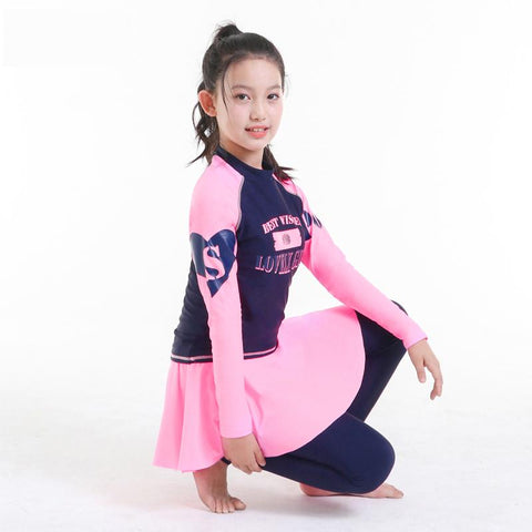 Teenager girl rashguard swimsuit long sleeve padded shirt pants with skirt -OS00073-Veeddydropshipping