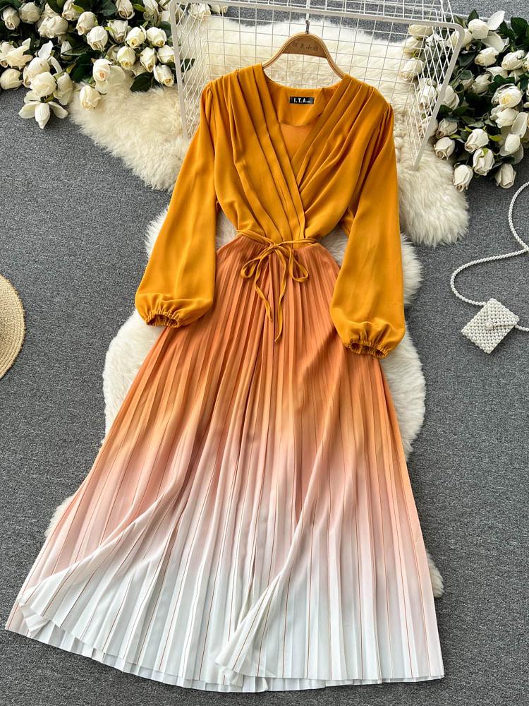 Gradient Pleated Dress for Women V Neck Long Sleeve-Veeddydropshipping