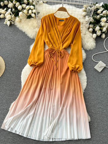 Gradient Pleated Dress for Women V Neck Long Sleeve-Veeddydropshipping