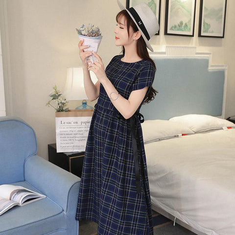 2022 summer Korean loose short sleeve large Plaid lace up loose-TB00594-Veeddydropshipping