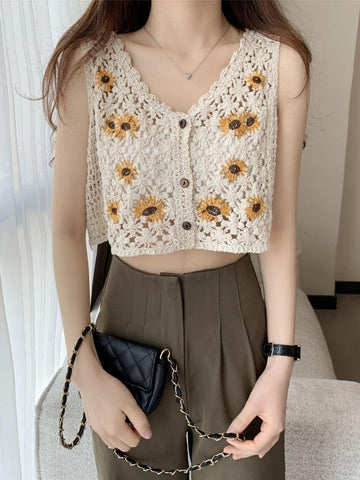 Cotton Embroidered Sleeveless Button Hollow Vest-Veeddydropshipping