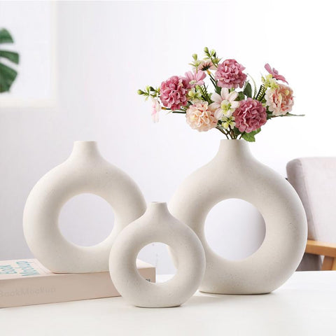 Nordic Vase Circular Hollow Ceramic Donuts Flower Pot-HA00297-Veeddydropshipping