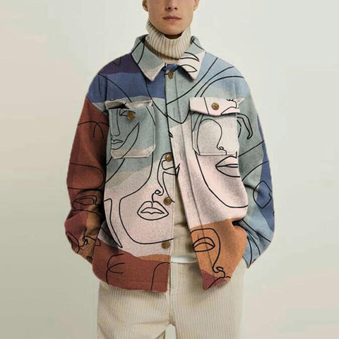 Casual Loose Print Jacket Lapel Trend Abstract Line-MF01055-Veeddydropshipping
