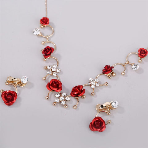3pcs/set Elegant 1 Pair Necklace Red Flower Neckless Jewelry Set-JW01354-Veeddydropshipping