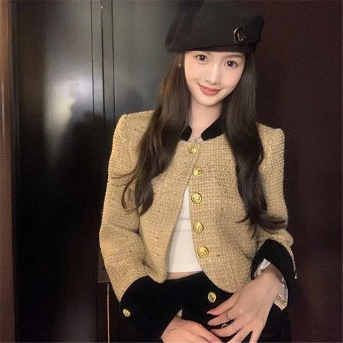 Pink Korean Spliced Crop Tweed Jacket Women-Veeddydropshipping