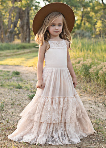 Princess Girls Lace Cotton Long Dresses Baby Kids Flower Girl Wedding-TB00849-Veeddydropshipping