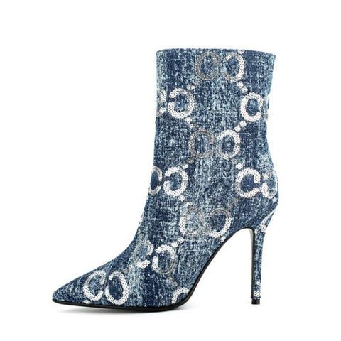 Knee Length Women&#39;s Boots Fashion Sequins Denim-BS00971-Veeddydropshipping