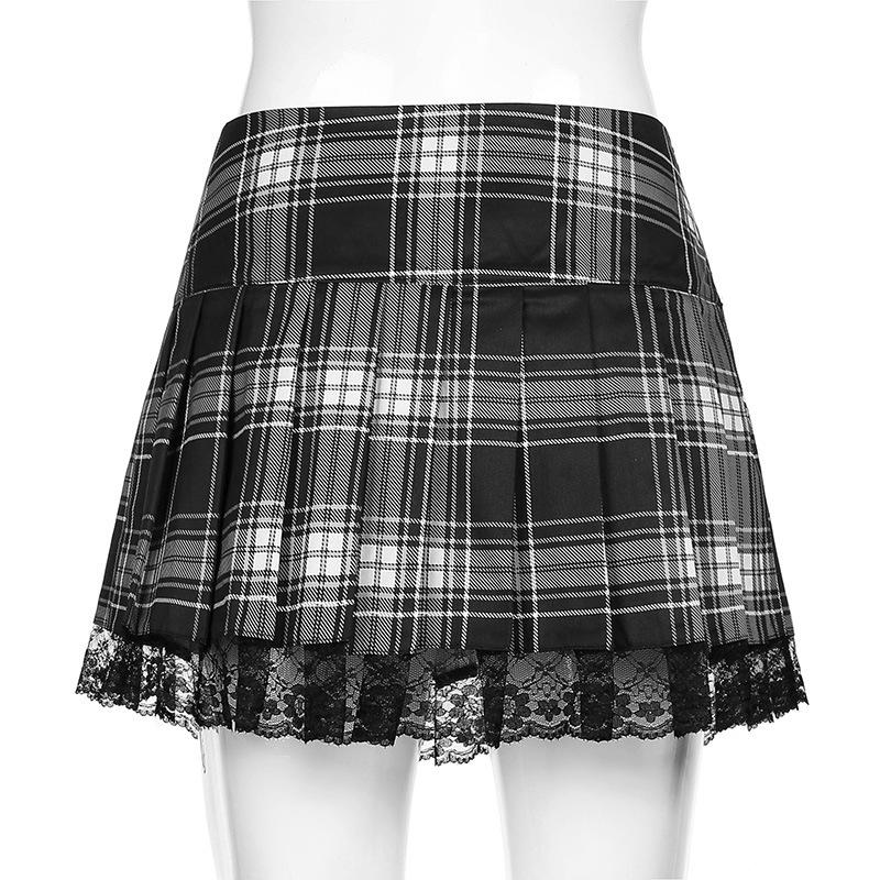 Sexy Lace-up Lace Plaid Pleated Skirt-Veeddydropshipping