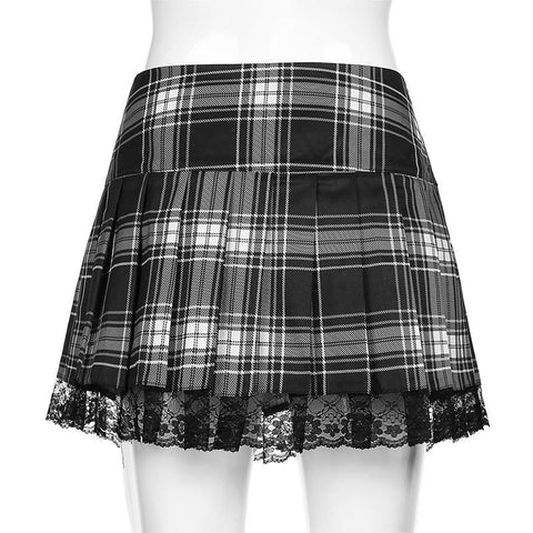 Sexy Lace-up Lace Plaid Pleated Skirt-Veeddydropshipping