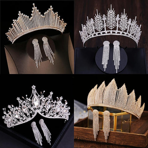 Crystal Bridal  Crown With Earrings Hair Accessories  -JW00513-Veeddydropshipping