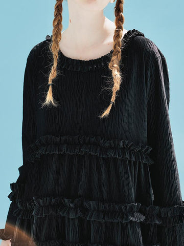 spring black velvet pressed lace neck long dress-WF00091-Veeddydropshipping