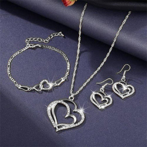 Double Heart Necklace Earrings Bracelet Jewelry Set  -JW00327-Veeddydropshipping