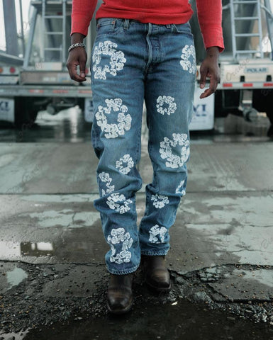 flowers full print trousers y2k clothing джинсы blue jeans-MF00456-Veeddydropshipping