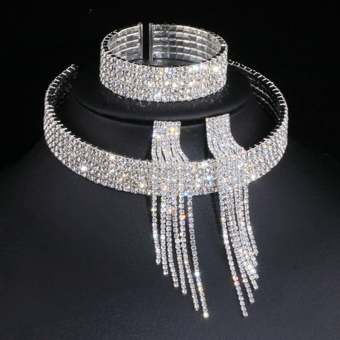 Classic Elegant Tassel Crystal Bridal Jewelry Sets  -JW00340-Veeddydropshipping