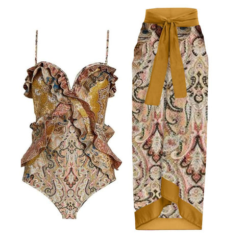 Fashion Exotic Print One Piece Ruffle Slim Bikinis String Sling Swimsuit Ladies -OS00023-Veeddydropshipping