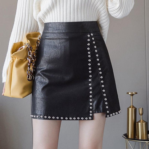 Women Studded Pu Leather Skirt-Veeddydropshipping