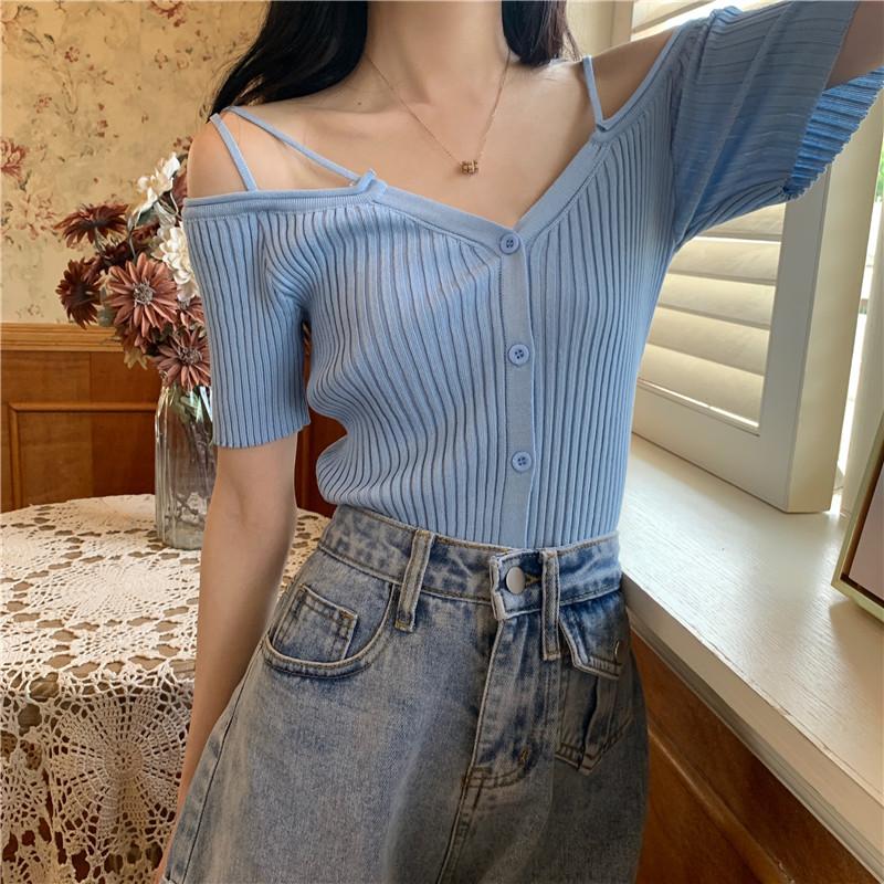 Summer Off Shoulder V Neck Kintted Woman T-shirts-Veeddydropshipping