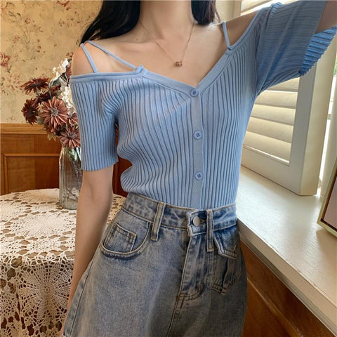 Summer Off Shoulder V Neck Kintted Woman T-shirts-Veeddydropshipping