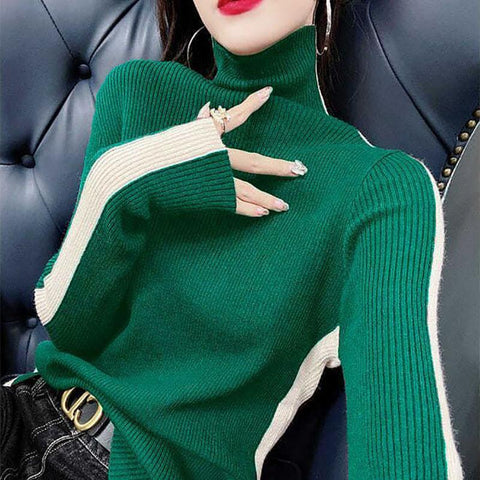 Fashion Turtleneck Knitting Spliced All-match Sweater-WF00102-Veeddydropshipping