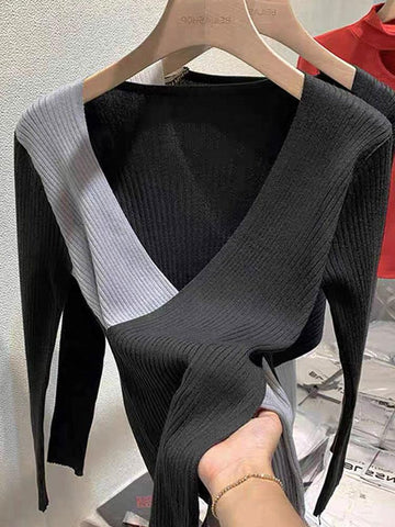 Women New Korean Fashion V Neck Long Sleeve Sweaters-Veeddydropshipping