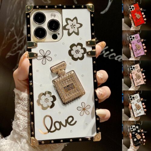 iPhone 14 13 12 11 XS XR 8 Case Rhinestone Flower 3D Perfume Bottle Square Cover-PA00168-Veeddydropshipping