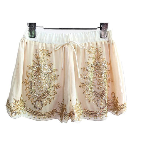 bead work chiffon shorts women-WF00559-Veeddydropshipping