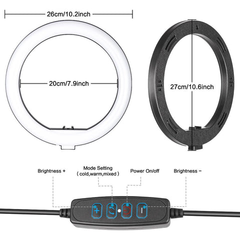 10inch LED Ring Light Cellphone Holder 10 Adjustable Brightness 3-Colored Circle-PA00815-Veeddydropshipping