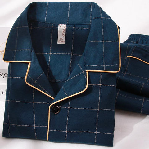 For Men 2PCS Lounge Sleepwear Men Blue Plaid Pijama Hombre Home Clothes-MF01609-Veeddydropshipping
