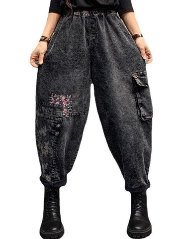 Women Gothic Style Pants Print Button Trousers Elastic Waist-WF00492-Veeddydropshipping