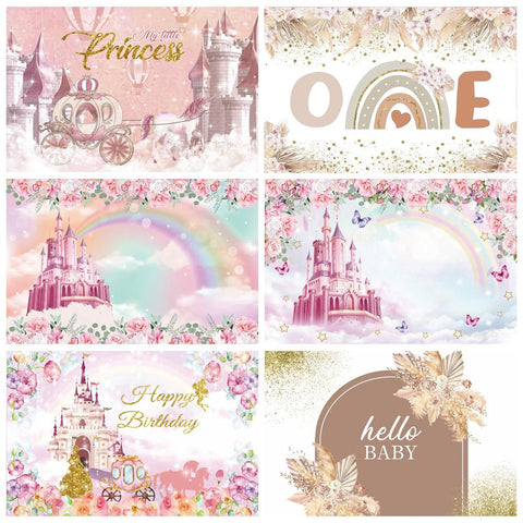 Princess Birthday Party Backdrop For Photography Castle Unicorn Carriage Glitte-CE00410-Veeddydropshipping