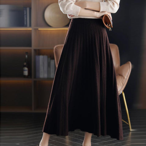 New Pure Cashmere High-Waist Pleated Long Skirt-WF00470-Veeddydropshipping
