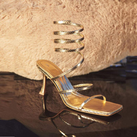 High-heeled Shoes 2022 TRAF ZAZA Gold Spiral Strap Fashion Sandals-BS00887-Veeddydropshipping