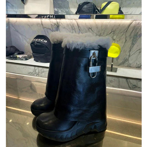 Leather Short Boots Round Head Lock Lock Shark Boots Women&#39;s-BS01033-Veeddydropshipping