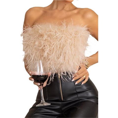 Women Solid Color Furry Feather Strapless T-Shirt Off Shoulder-WF00315-Veeddydropshipping