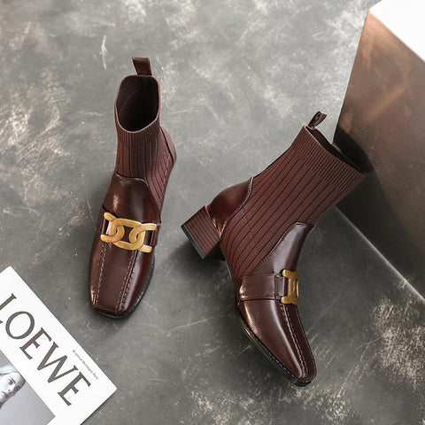 Square Toe Low Heel Ladies Ankle Boots Solid Color Sewing-BS00933-Veeddydropshipping
