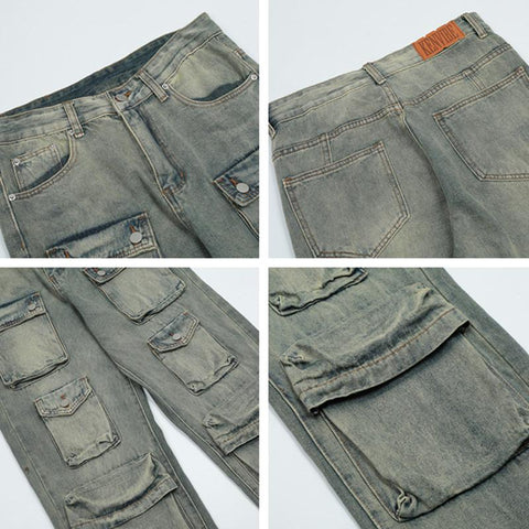 Pockets Retro Washed Men Baggy Jeans Pants Straight-MF00662-Veeddydropshipping
