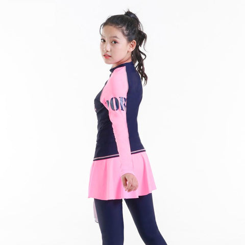 Teenager girl rashguard swimsuit long sleeve padded shirt pants with skirt -OS00073-Veeddydropshipping