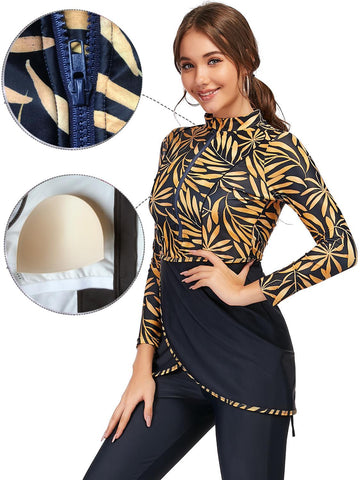 Muslim Swimwear Women Modest Patchwork Hijab Long Sleeves Sport Swimsuit-OS00268-Veeddydropshipping