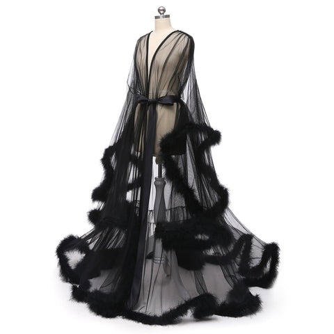 Long Sleeve Feather Tulle Party Evening Dresses-WF01595-Veeddydropshipping