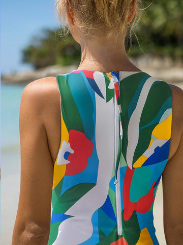 Peachtan Leaf Print Monokini Zipper One Piece Swimsuit Women High Neck Swimwear -OS00135-Veeddydropshipping