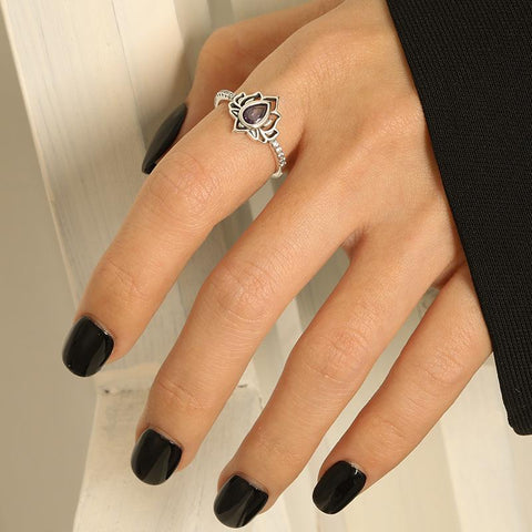 925 Sterling Silver Vintage Lotus Flower Rings For Women -JW00046-Veeddydropshipping
