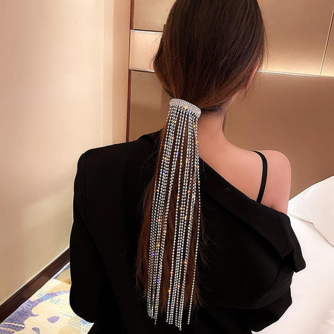 Shine Full Rhinestone Bijoux Long Tassel Crystal Hair Barrettes  -JW00448-Veeddydropshipping