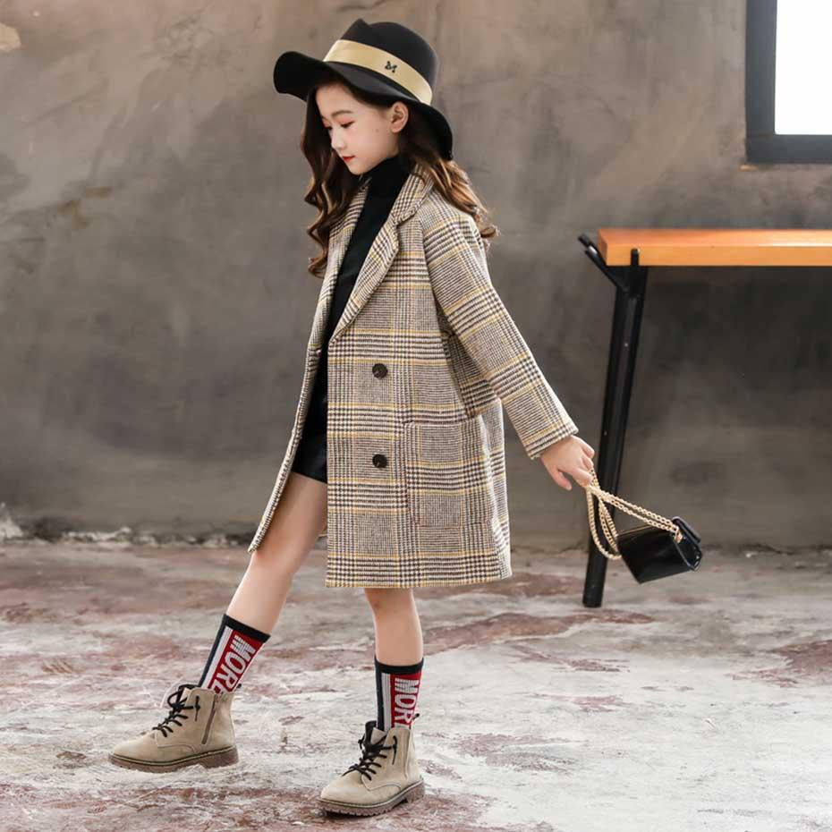 Winter Coat Girls Thick Woolen Jacket Plaid Kids Outerwear-Veeddydropshipping