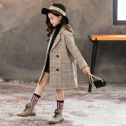 Winter Coat Girls Thick Woolen Jacket Plaid Kids Outerwear-Veeddydropshipping