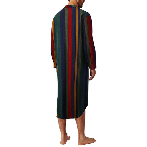 Muslim Long Sleeve Striped Nightgown Arabian Middle East O Neck Button-MF01573-Veeddydropshipping