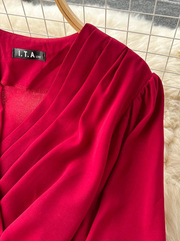 Gradient Pleated Dress for Women V Neck Long Sleeve-Veeddydropshipping